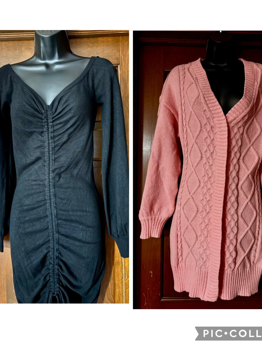 Women's Pink Cable Knit Open Cardigan Sweater and Black Pull scrunch Dress